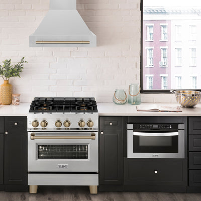 ZLINE Autograph Edition 30" 4.0 cu. ft. Dual Fuel Range with Gas Stove and Electric Oven in Stainless Steel with Champagne Bronze Accents (RAZ-30-CB)