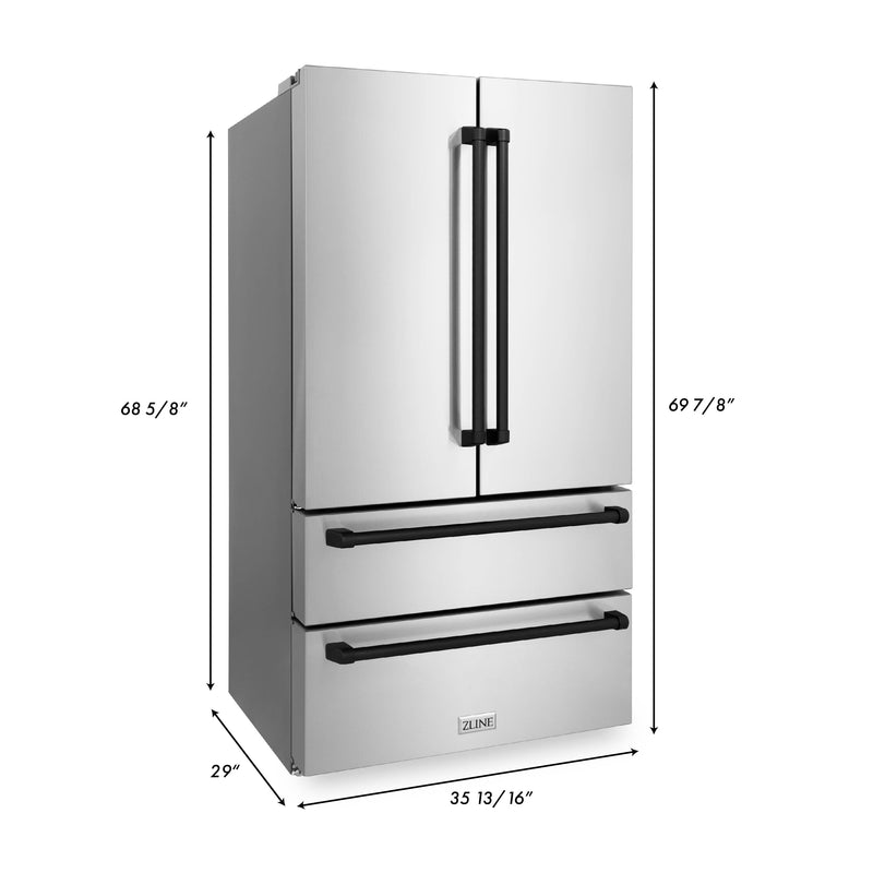 ZLINE 36" Autograph Edition 22.5 cu. ft 4-Door French Door Refrigerator with Ice Maker in Fingerprint Resistant Stainless Steel with Matte Black Accents (RFMZ-36-MB)