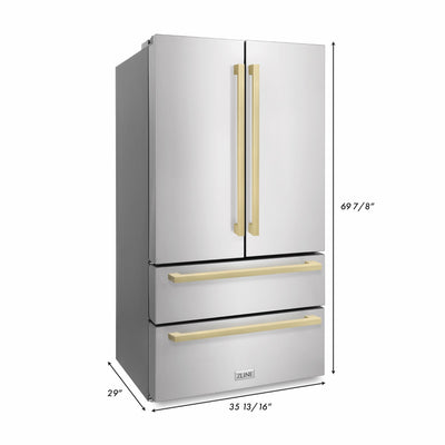 ZLINE 36" Autograph Edition 22.5 cu. ft 4-Door French Door Refrigerator with Ice Maker in Stainless Steel with Champagne Bronze Square Handles (RFMZ-36-FCB)