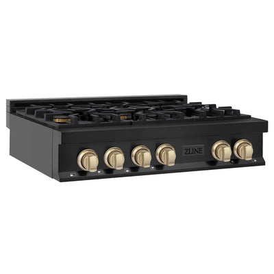 ZLINE Autograph Edition 36" Porcelain Rangetop with 6 Gas Burners in Black Stainless Steel and Gold Accents (RTBZ-36-G)