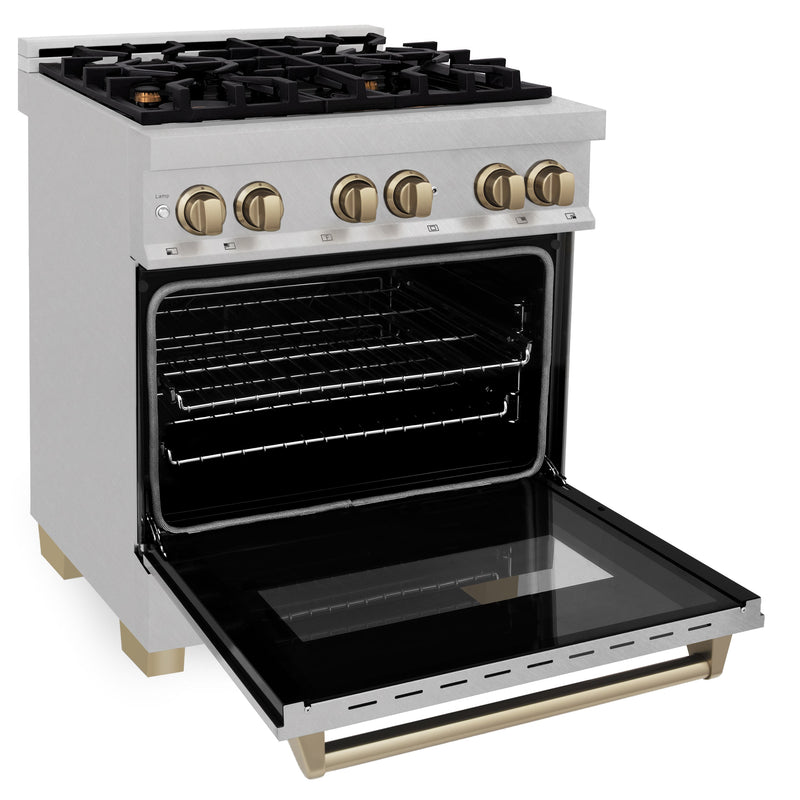 ZLINE Autograph Edition 30" 4.0 cu. ft. Dual Fuel Range with Gas Stove and Electric Oven in Fingerprint Resistant Stainless Steel with Champagne Bronze Accents (RASZ-SN-30-CB)
