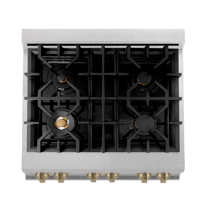 ZLINE Autograph Edition 30" 4.0 cu. ft. Dual Fuel Range with Gas Stove and Electric Oven in Fingerprint Resistant Stainless Steel with Champagne Bronze Accents (RASZ-SN-30-CB)