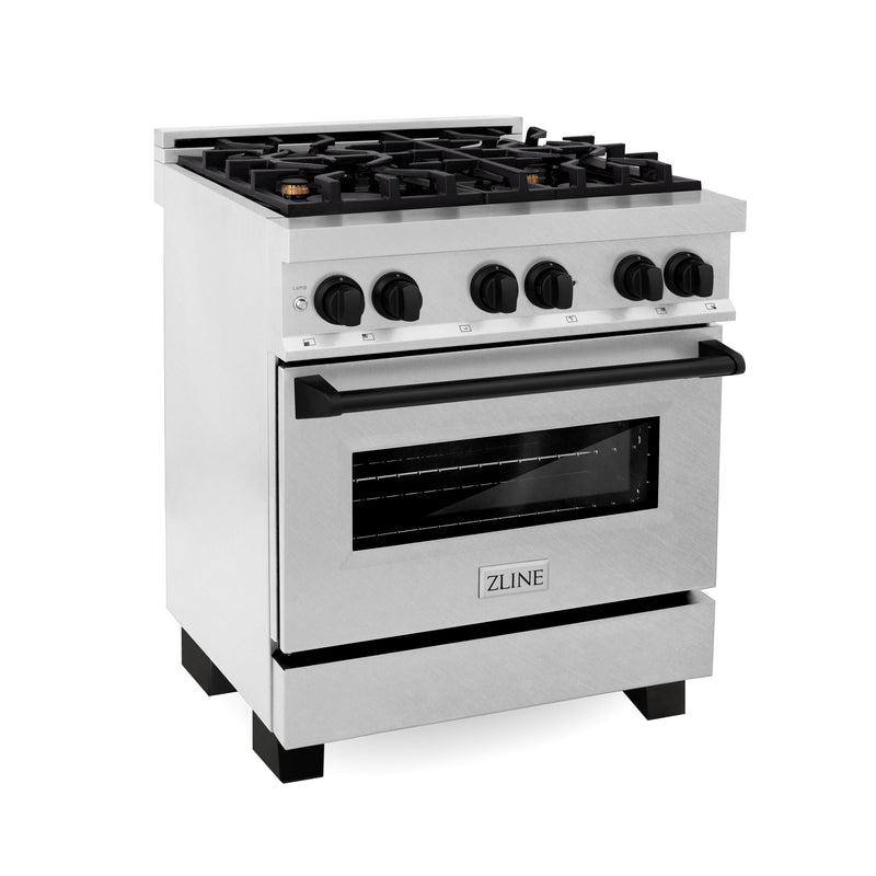 ZLINE Autograph Edition 30" 4.0 cu. ft. Dual Fuel Range with Gas Stove and Electric Oven in Fingerprint Resistant Stainless Steel with Matte Black Accents (RASZ-SN-30-MB)