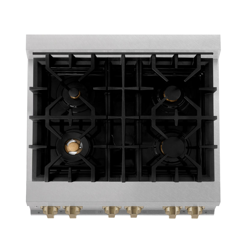 ZLINE Autograph Edition 30" 4.0 cu. ft. Dual Fuel Range with Gas Stove and Electric Oven in DuraSnow® Stainless Steel with White Matte Door and Champagne Bronze Accents (RASZ-WM-30-CB)