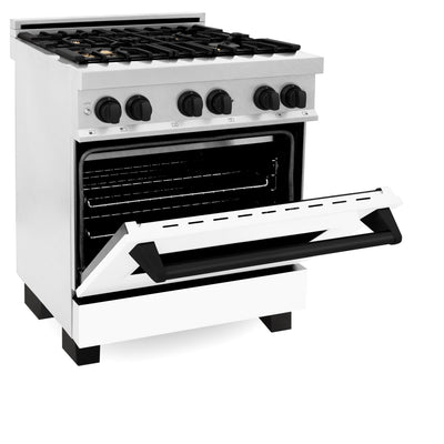 ZLINE Autograph Edition 30" 4.0 cu. ft. Dual Fuel Range with Gas Stove and Electric Oven in DuraSnow® Stainless Steel with White Matte Door and Matte Black Accents (RASZ-WM-30-MB)