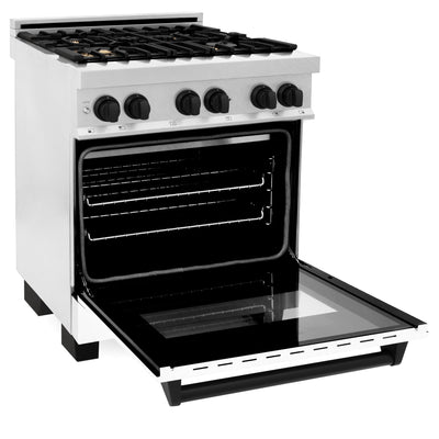 ZLINE Autograph Edition 30" 4.0 cu. ft. Dual Fuel Range with Gas Stove and Electric Oven in DuraSnow® Stainless Steel with White Matte Door and Matte Black Accents (RASZ-WM-30-MB)