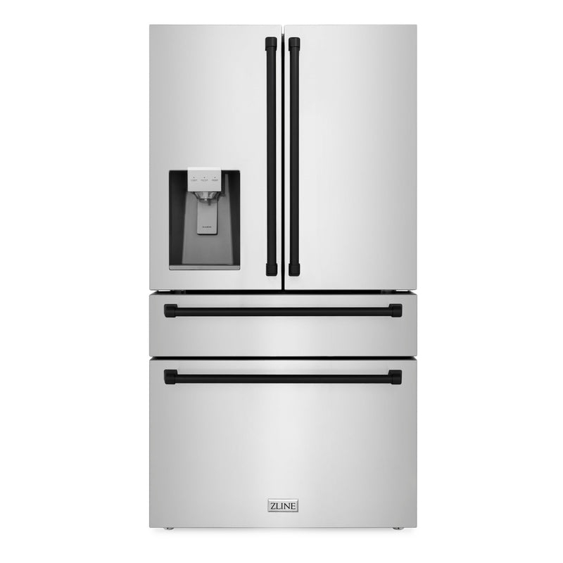 ZLINE 36" Autograph Edition 21.6 cu. ft 4-Door French Door Refrigerator with Water and Ice Dispenser in Fingerprint Resistant Stainless Steel with Matte Black Accents (RFMZ-W-36-MB)