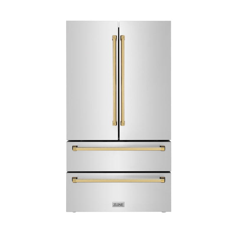 ZLINE 36" Autograph Edition 22.5 cu. ft 4-Door French Door Refrigerator with Ice Maker in Fingerprint Resistant Stainless Steel with Gold Accents (RFMZ-36-G)