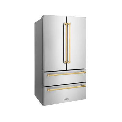 ZLINE 36" Autograph Edition 22.5 cu. ft 4-Door French Door Refrigerator with Ice Maker in Fingerprint Resistant Stainless Steel with Gold Accents (RFMZ-36-G)
