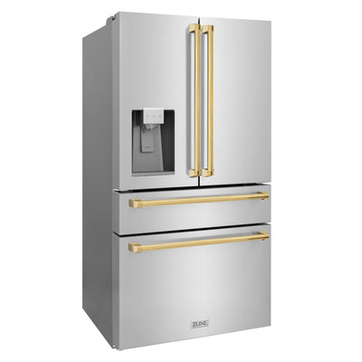 ZLINE 36" Autograph Edition 21.6 cu. ft 4-Door French Door Refrigerator with Water and Ice Dispenser in Fingerprint Resistant Stainless Steel with Gold Accents (RFMZ-W-36-G)