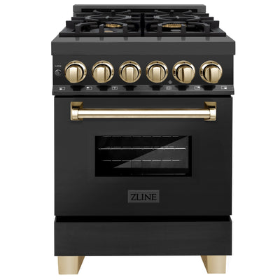 ZLINE Autograph Edition 24" 2.8 cu. ft. Dual Fuel Range with Gas Stove and Electric Oven in Black Stainless Steel with Gold Accents (RABZ-24-G)