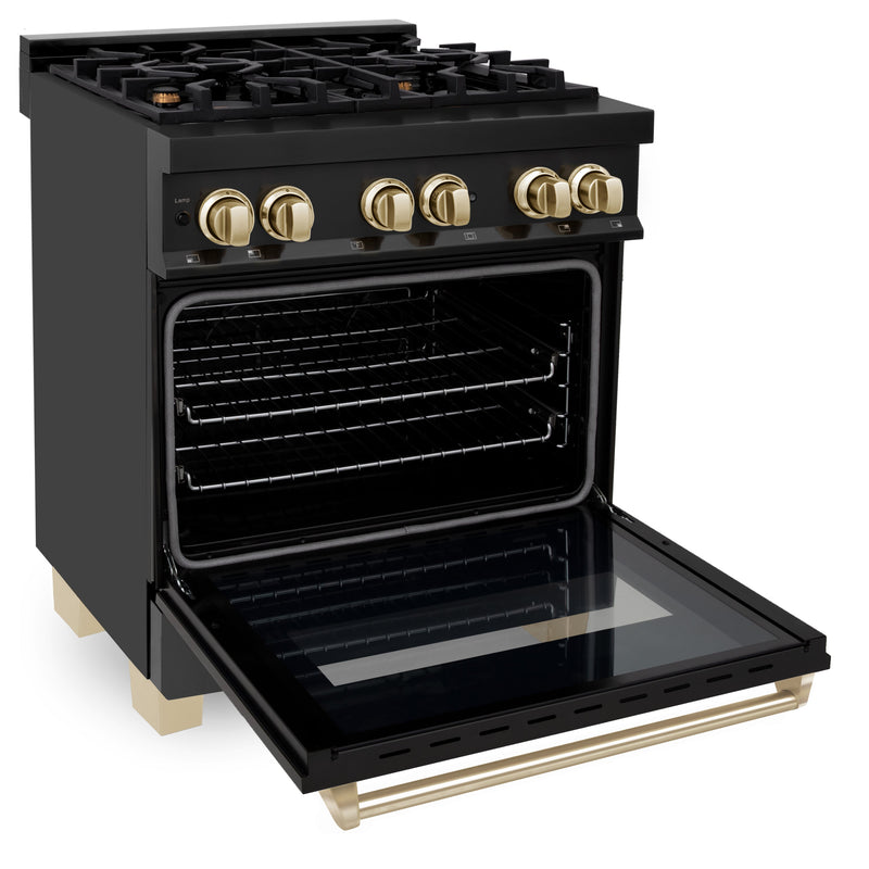 ZLINE Autograph Edition 30" 4.0 cu. ft. Dual Fuel Range with Gas Stove and Electric Oven in Black Stainless Steel with Gold Accents (RABZ-30-G)