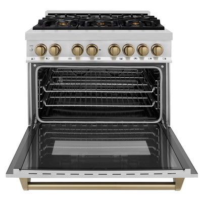 ZLINE Autograph Edition 36" 4.6 cu. ft. Dual Fuel Range with Gas Stove and Electric Oven in Stainless Steel with Champagne Bronze Accents (RAZ-36-CB)