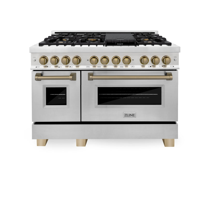 ZLINE Autograph Edition 48" 6.0 cu. ft. Dual Fuel Range with Gas Stove and Electric Oven in Stainless Steel with Champagne Bronze Accents (RAZ-48-CB)