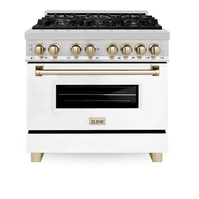 ZLINE Autograph Edition 36" 4.6 cu. ft. Dual Fuel Range with Gas Stove and Electric Oven in Stainless Steel with White Matte Door and Gold Accents (RAZ-WM-36-G)