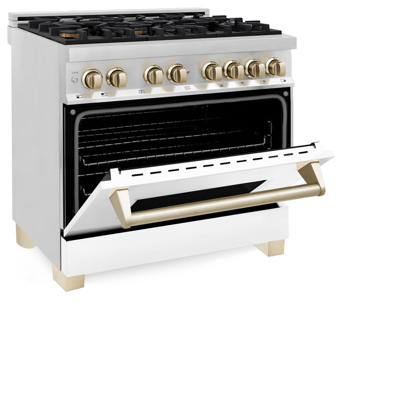 ZLINE Autograph Edition 36" 4.6 cu. ft. Dual Fuel Range with Gas Stove and Electric Oven in Stainless Steel with White Matte Door and Gold Accents (RAZ-WM-36-G)