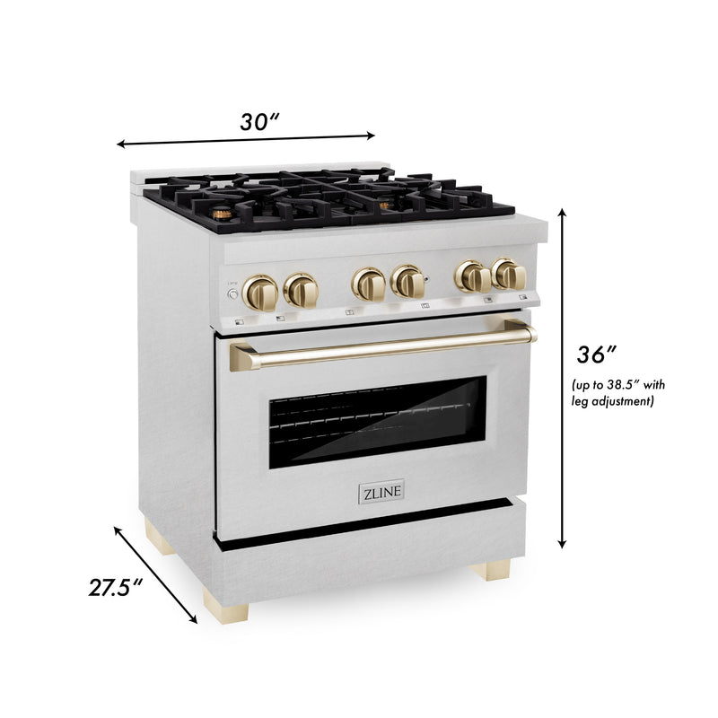 ZLINE Autograph Edition 30" 4.0 cu. ft. Dual Fuel Range with Gas Stove and Electric Oven in Fingerprint Resistant Stainless Steel with Gold Accents (RASZ-SN-30-G)