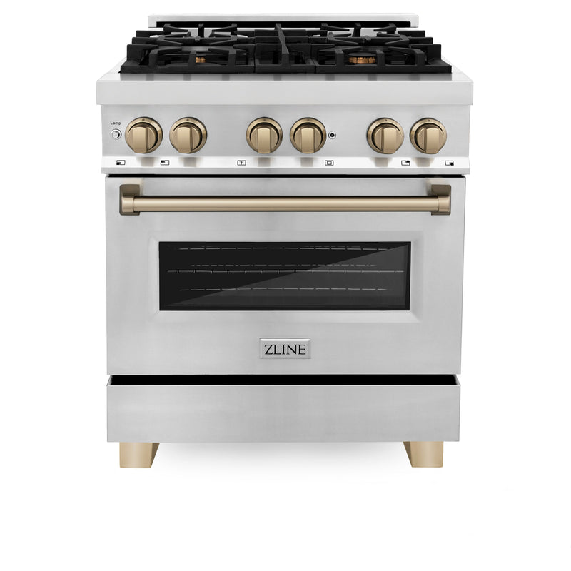 ZLINE Autograph Edition 30" 4.0 cu. ft. Dual Fuel Range with Gas Stove and Electric Oven in Stainless Steel with Champagne Bronze Accents (RAZ-30-CB)