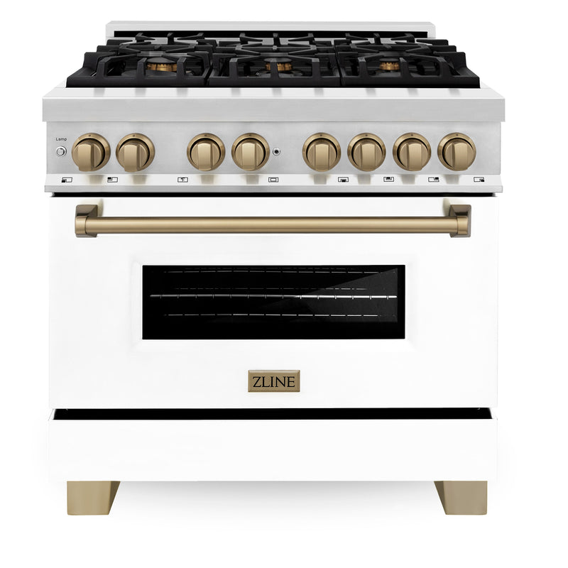 ZLINE Autograph Edition 36" 4.6 cu. ft. Dual Fuel Range with Gas Stove and Electric Oven in Stainless Steel with White Matte Door and Champagne Bronze Accents (RAZ-WM-36-CB)