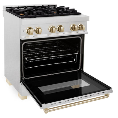 ZLINE Autograph Edition 30" 4.0 cu. ft. Dual Fuel Range with Gas Stove and Electric Oven in Fingerprint Resistant Stainless Steel with Gold Accents (RASZ-SN-30-G)