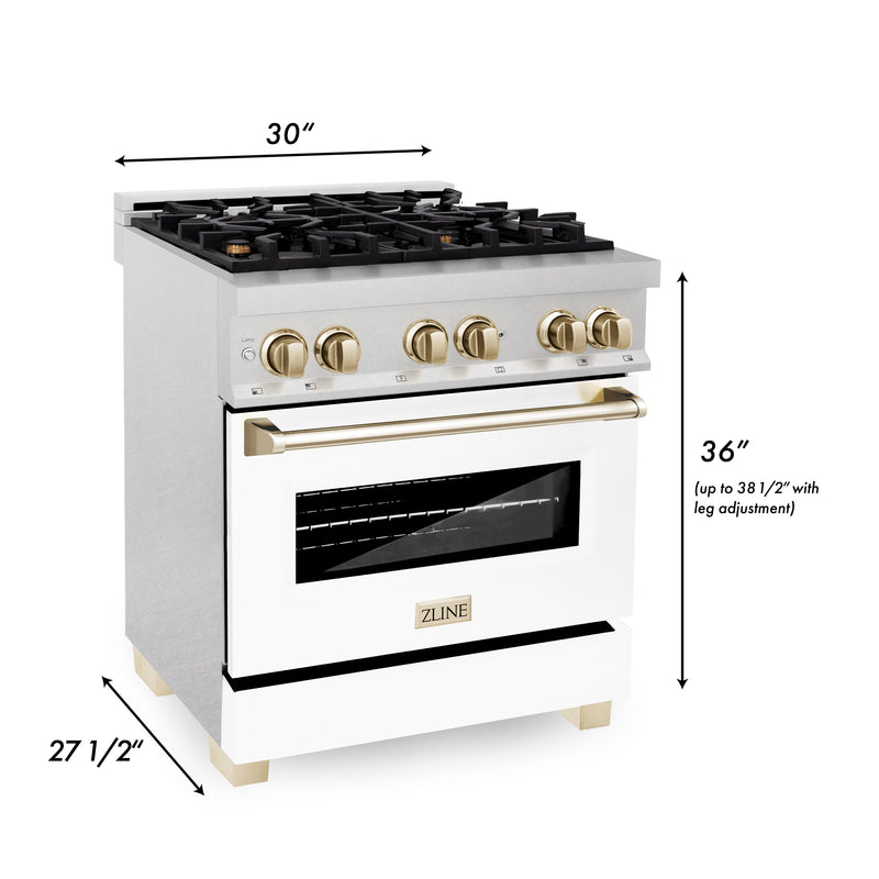 ZLINE Autograph Edition 30" 4.0 cu. ft. Dual Fuel Range with Gas Stove and Electric Oven in Fingerprint Resistant Stainless Steel with White Matte Door and Gold Accents (RASZ-WM-30-G)