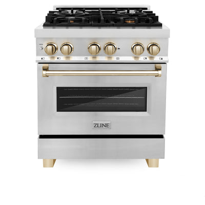 ZLINE Autograph Edition 30" 4.0 cu. ft. Dual Fuel Range with Gas Stove and Electric Oven in Stainless Steel with Gold Accents (RAZ-30-G)