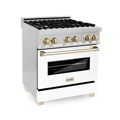 ZLINE Autograph Edition 30" 4.0 cu. ft. Dual Fuel Range with Gas Stove and Electric Oven in Stainless Steel with White Matte Door and Gold Accents (RAZ-WM-30-G)
