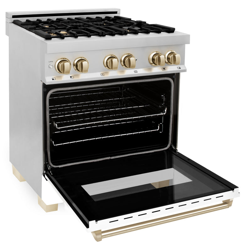 ZLINE Autograph Edition 30" 4.0 cu. ft. Dual Fuel Range with Gas Stove and Electric Oven in Stainless Steel with White Matte Door and Gold Accents (RAZ-WM-30-G)