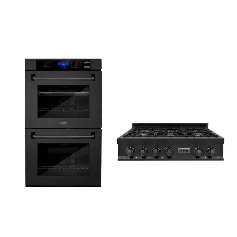ZLINE Kitchen Package with 36" Black Stainless Steel Rangetop and 30" Double Wall Oven (2KP-RTBAWD36)