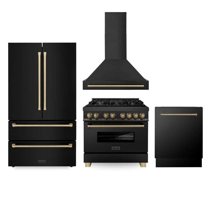 ZLINE 36" Autograph Edition Kitchen Package with Black Stainless Steel Dual Fuel Range, Range Hood, Dishwasher and Refrigeration with Champagne Bronze Accents (4AKPR-RABRHDWV36-CB)