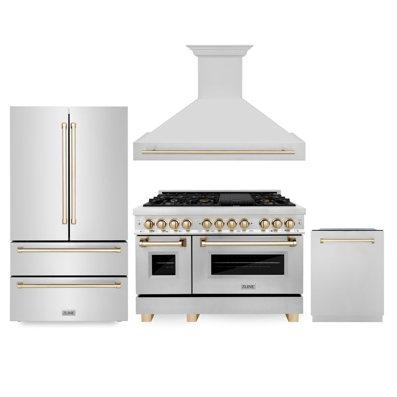ZLINE 48" Autograph Edition Kitchen Package with Stainless Steel Dual Fuel Range, Range Hood, Dishwasher and Refrigeration with Gold Accents (4KAPR-RARHDWM48-G)