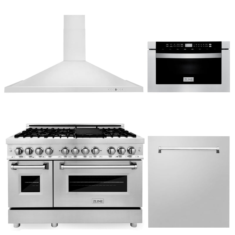 ZLINE 48" Kitchen Package with Stainless Steel Dual Fuel Range, Range Hood, Microwave Drawer and Dishwasher (4KP-RARH48-MWDW)