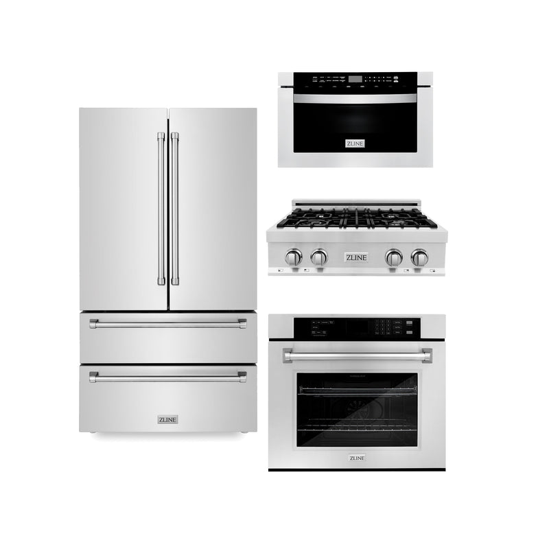 ZLINE Kitchen Package with Refrigeration, 30" Stainless Steel Rangetop and 30" Single Wall Oven (4KPR-RT30-MWAWS)