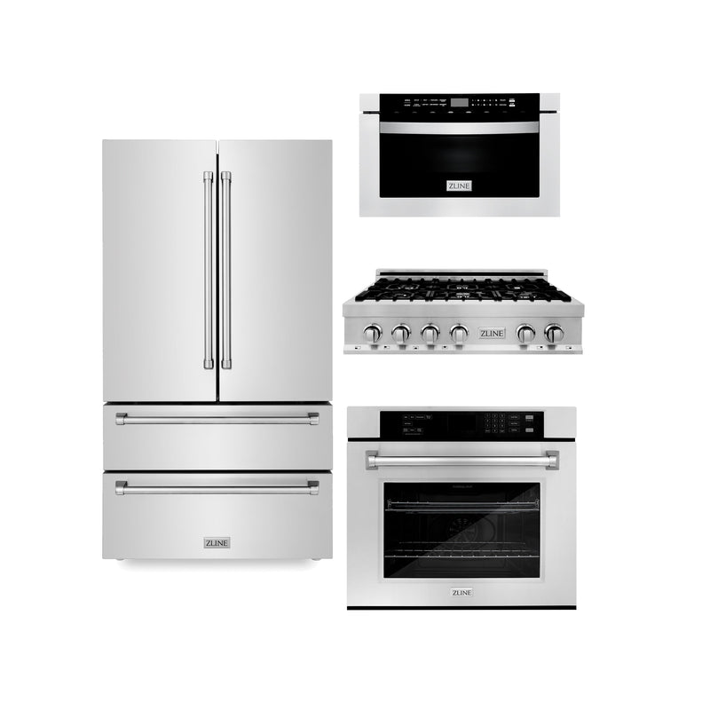 ZLINE Kitchen Package with Refrigeration, 36" Stainless Steel Rangetop, 30" Single Wall Oven, 30" Microwave Oven (4KPR-RT36-MWAWS)