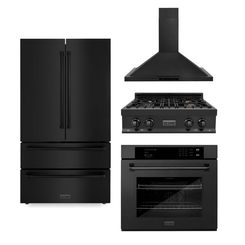ZLINE Kitchen Package with Black Stainless Steel Refrigeration, 30" Rangetop, 30" Range Hood and 30" Single Wall Oven (4KPR-RTBRH30-AWS)