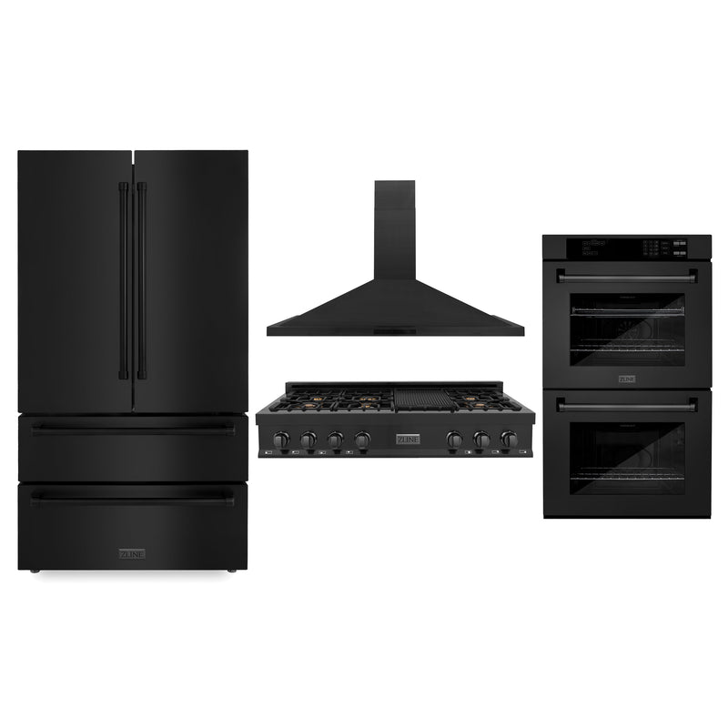 ZLINE Kitchen Package with Black Stainless Steel Refrigeration, 48" Rangetop, 48" Range Hood and 30" Double Wall Oven (4KPR-RTBRH48-AWD)