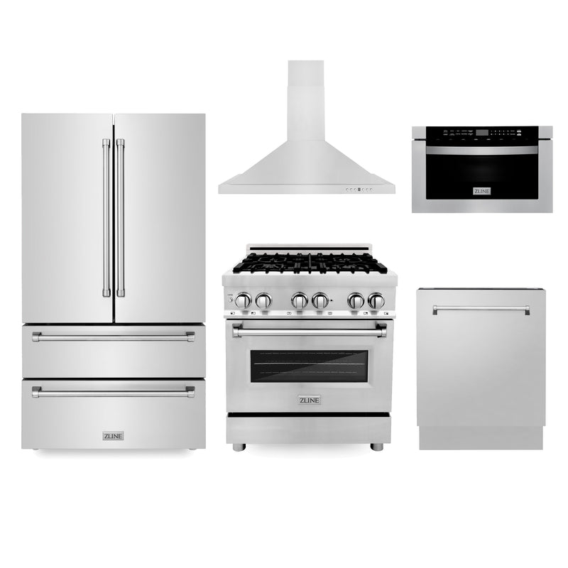 ZLINE Kitchen Package with Refrigeration, 30" Stainless Steel Dual Fuel Range, 30" Convertible Vent Range Hood, 24" Microwave Drawer, and 24" Tall Tub Dishwasher (5KPR-RARH30-MWDWV)