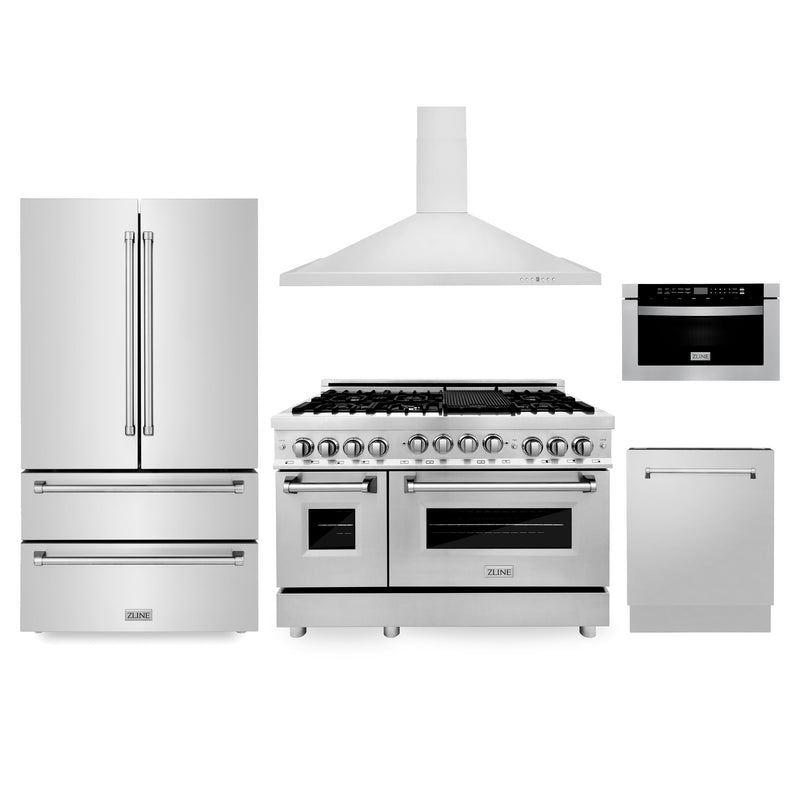 ZLINE Kitchen Package with Refrigeration, 48" Stainless Steel Gas Range, 48" Convertible Vent Range Hood, 24" Microwave Drawer, and 24" Tall Tub Dishwasher (5KPR-RGRH48-MWDWV)