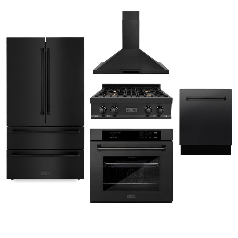 ZLINE Kitchen Package with Refrigeration, 30" Black Stainless Steel Rangetop, 30" Convertible Vent Range Hood, 30" Single Wall Oven, and 24" Tall Tub Dishwasher (5KPR-RTBRH30-AWSDWV)