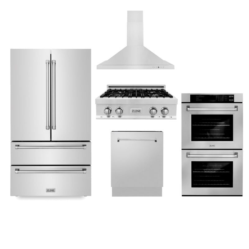 ZLINE Kitchen Package with Refrigeration, 30" Stainless Steel Gas Rangetop, 30" Convertible Vent Range Hood, 30" Double Wall Oven, and 24" Tall Tub Dishwasher (5KPR-RTRH30-AWDDWV)