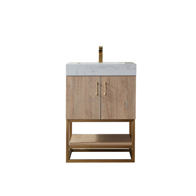 Vinnova Alistair 24" Single Vanity in North American Oak with White Grain Stone Countertop Without Mirror