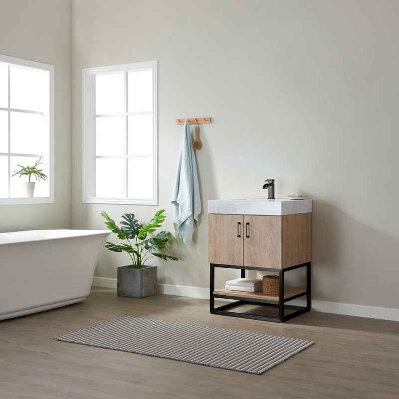 Vinnova Alistair 24B" Single Vanity in North American Oak with White Grain Stone Countertop Without Mirror