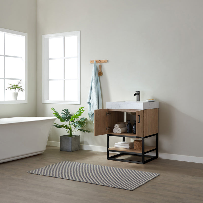 Vinnova Alistair 24B" Single Vanity in North American Oak with White Grain Stone Countertop Without Mirror