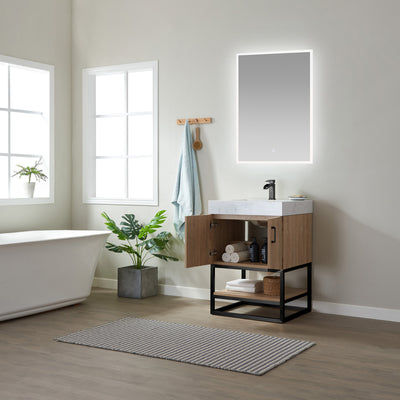 Vinnova Alistair 24B" Single Vanity in North American Oak with White Grain Stone Countertop With Mirror