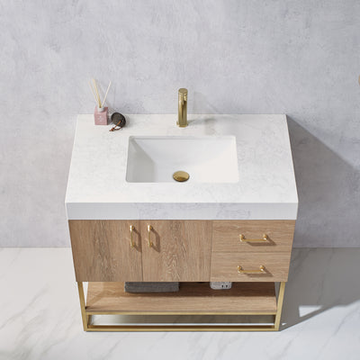 Vinnova Alistair 36" Single Vanity in North American Oak with White Grain Stone Countertop Without Mirror