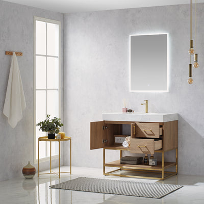 Vinnova Alistair 36" Single Vanity in North American Oak with White Grain Stone Countertop With Mirror