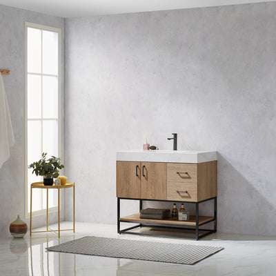Vinnova Alistair 36B" Single Vanity in North American Oak with White Grain Stone Countertop Without Mirror