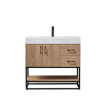 Vinnova Alistair 36B" Single Vanity in North American Oak with White Grain Stone Countertop Without Mirror