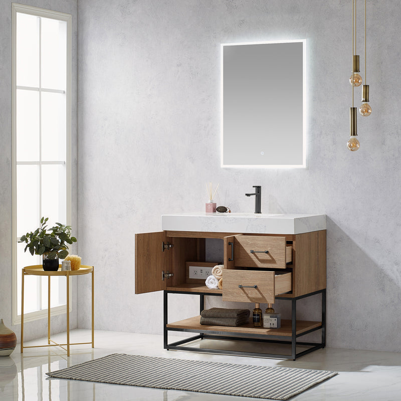 Vinnova Alistair 36B" Single Vanity in North American Oak with White Grain Stone Countertop With Mirror