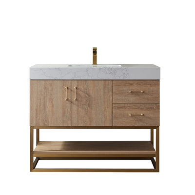 Vinnova Alistair 42" Single Vanity in North American Oak with White Grain Stone Countertop Without Mirror